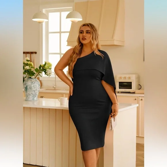 Dresses | Womens Elegant Black Oneshoulder Ruffle Bodycon Cocktail Mide  Dress Size L | Poshmark